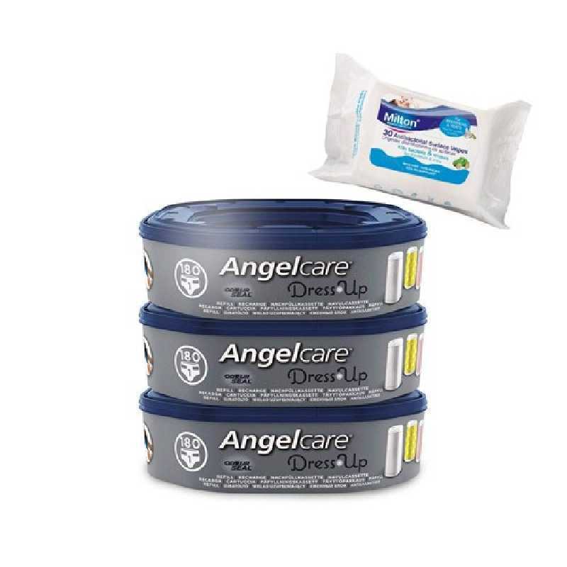 Angelcare Recharges Dress Up lot de 3 recharges octogonale + 30 Lingettes Milton antibactériennes OFFERTES !!