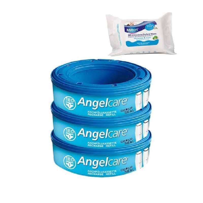 Angelcare Recharges Rondes lot de 3 recharges Classique + 30 Lingettes Milton antibactériennes OFFERTES !! Angelcare Recharges Rondes lot de 3 recharges Classique + 30 Lingettes Milton antibactériennes OFFERTES !!