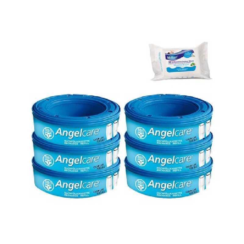 Angelcare Recharges Rondes lot de 6 recharges Classique + 30 Lingettes Milton antibactériennes OFFER