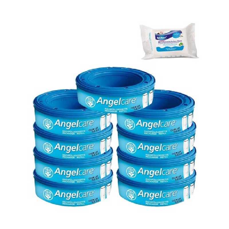 Angelcare Recharges Rondes lot de 9 recharges Classique + 30 Lingettes Milton antibactériennes OFFER