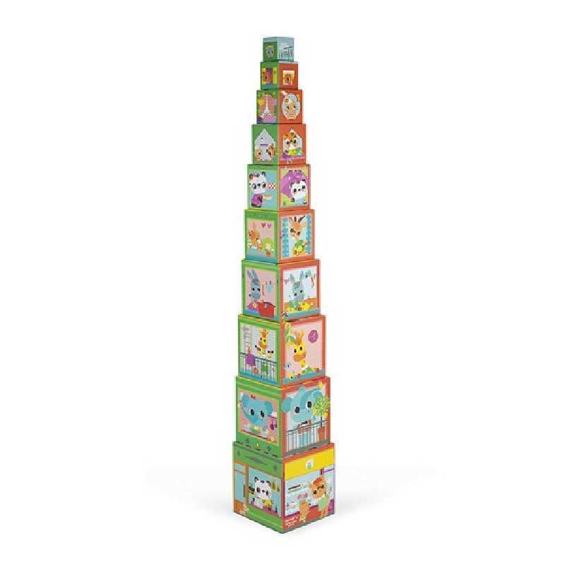 Pyramide Carrée de 10 cubes animaux Janod