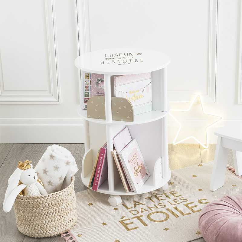 Bibliotheque ronde sur roulettes pour enfants Blanc et Rose