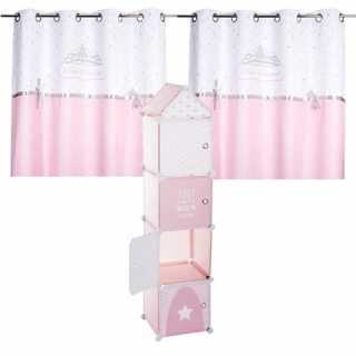 Tour colonne de rangement Rose + 2 rideaux princesse Rose noeud brodé - Atmosphera For Kids