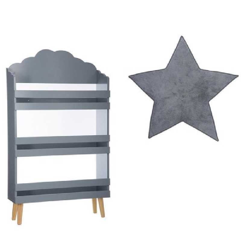 Bibliothèque enfant nuage Gris + Tapis de chambre étoile Gris