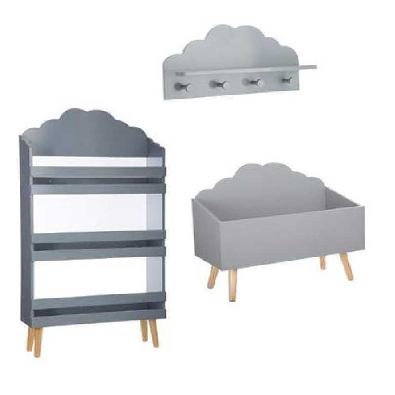 Coffre à Jouets Nuage Gris + Bibliothèque Nuage Gris + Patère Nuage Gris