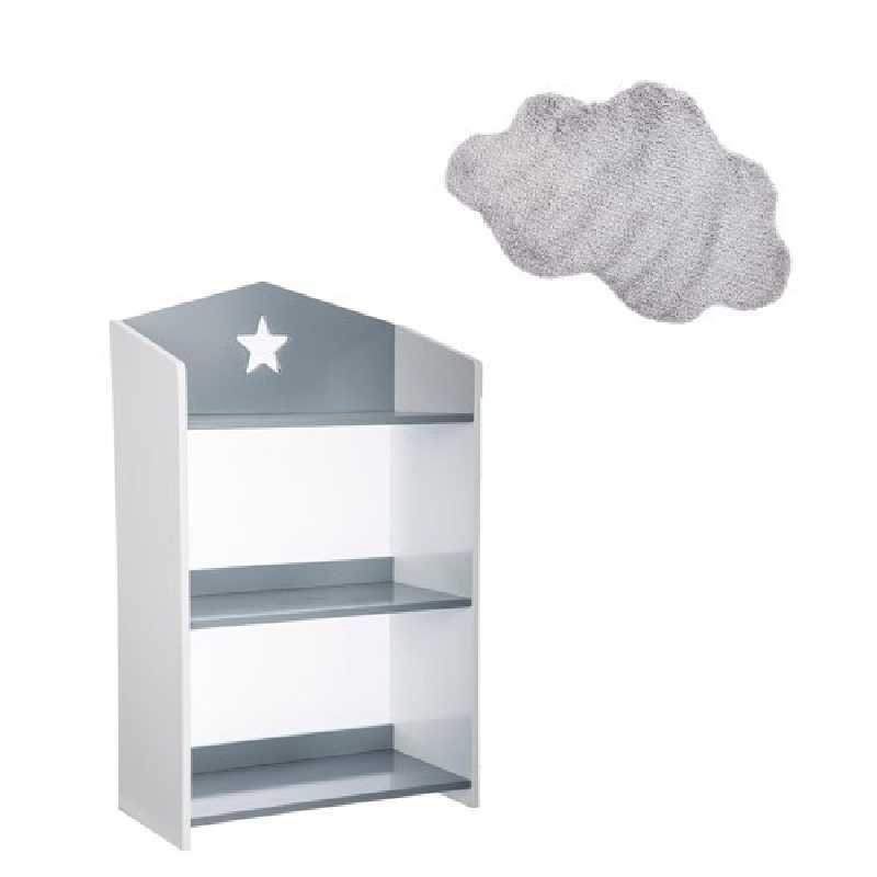 Bibliothèque enfant étoile Gris + Tapis de chambre nuage Gris