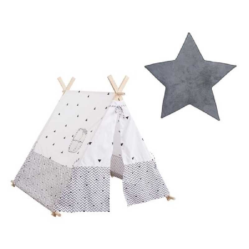 Tente enfant tipi Gris + Tapis de chambre étoile Gris