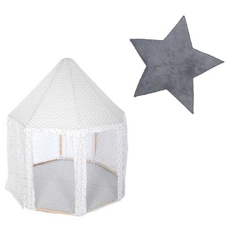 Tente enfant yourte Gris + Tapis de chambre étoile Gris