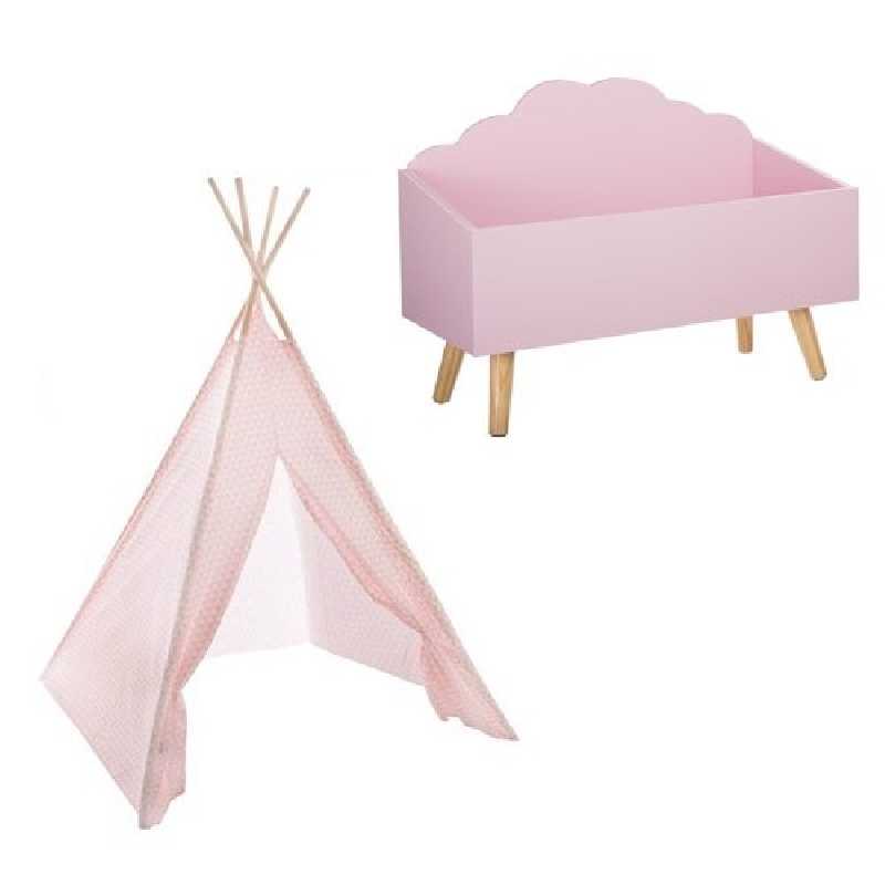 Tipi enfant Rose + Coffre à jouets Nuage Rose