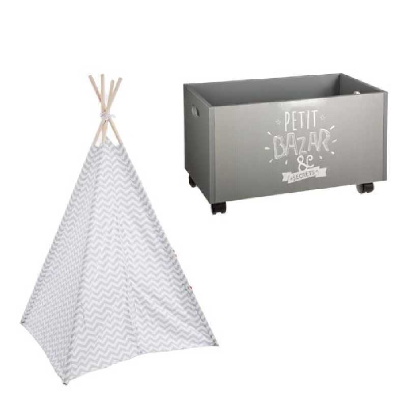 Tipi enfant Gris + Coffre à jouets à roulettes Gris