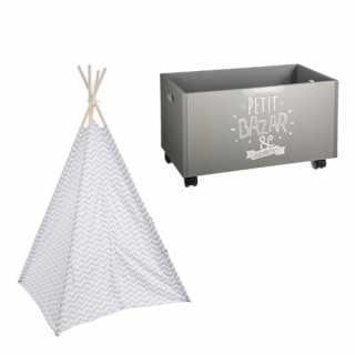 Tipi enfant Gris avec Coffre à jouets à roulettes Gris - Atmosphera For Kids