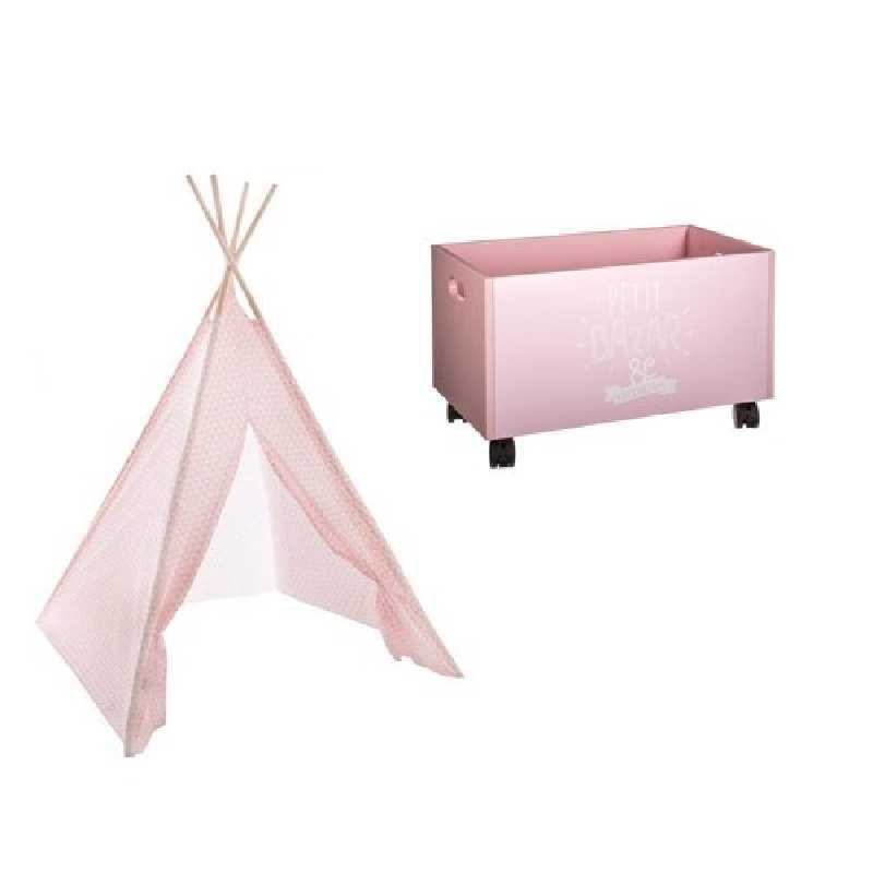 Tipi enfant Rose + Coffre à jouets à roulettes Rose