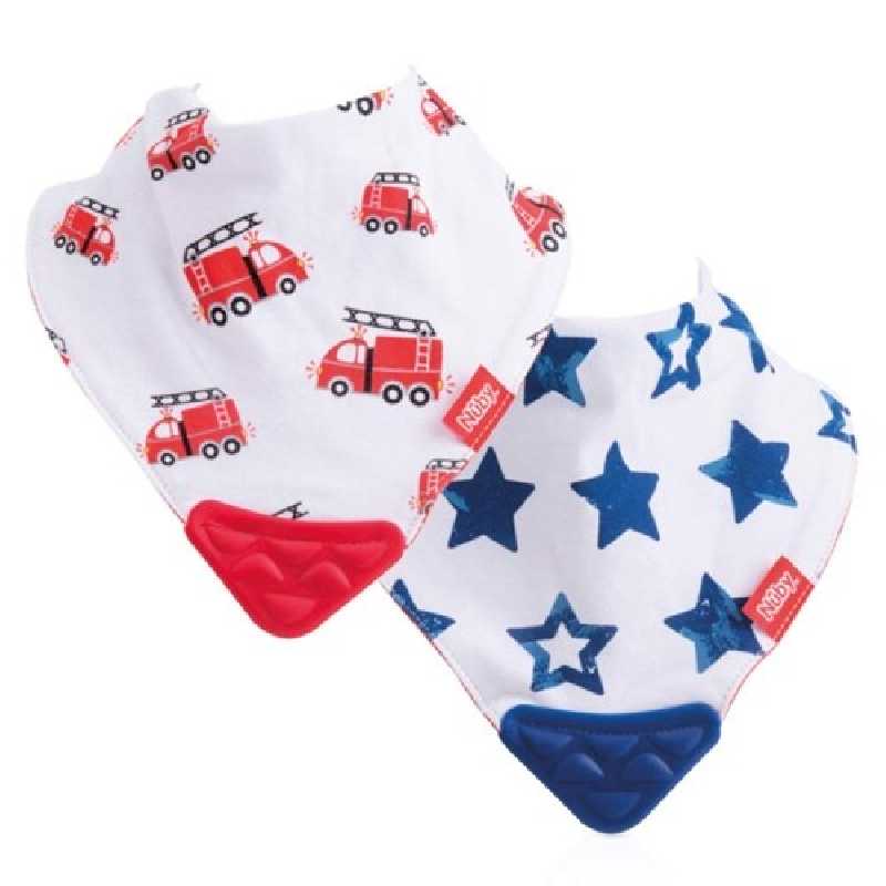 Lot de 2 bavoirs bandanas Bleu / Rouge avec anneau Nuby Lot de 2 bavoirs bandanas Bleu / Rouge avec anneau Nuby