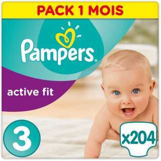 Pampers - Active Fit - Couches Taille 3 (5-9kg/Midi) - Pack économique 1 mois de consommation (x204 couches)