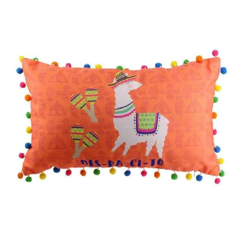 Coussin décoratif Lama avec pompons Orange