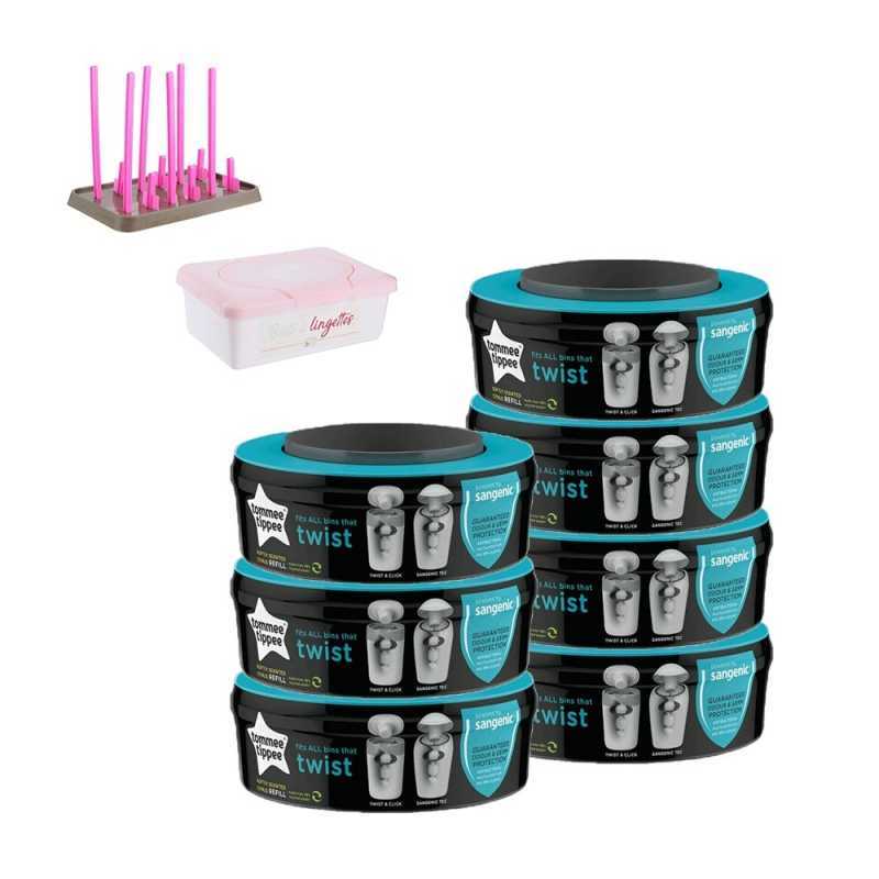 Sangenic Recharge Lot de 7 + Coffret Egouttoir Biberon + Boite Lingettes ROSE