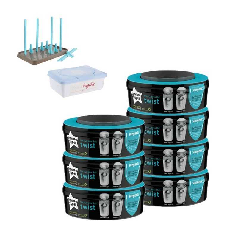 Sangenic Recharge Lot de 7 + Coffret Egouttoir Biberon + Boite Lingettes BLEU