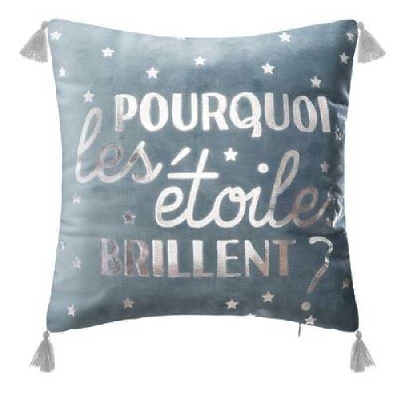 Coussin décoratif bleu 4 pompons