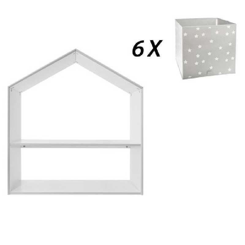 Meuble 2 niveaux Gris + 6 paniers de rangement étoiles grises Meuble 2 niveaux Gris + 6 paniers de rangement étoiles grises