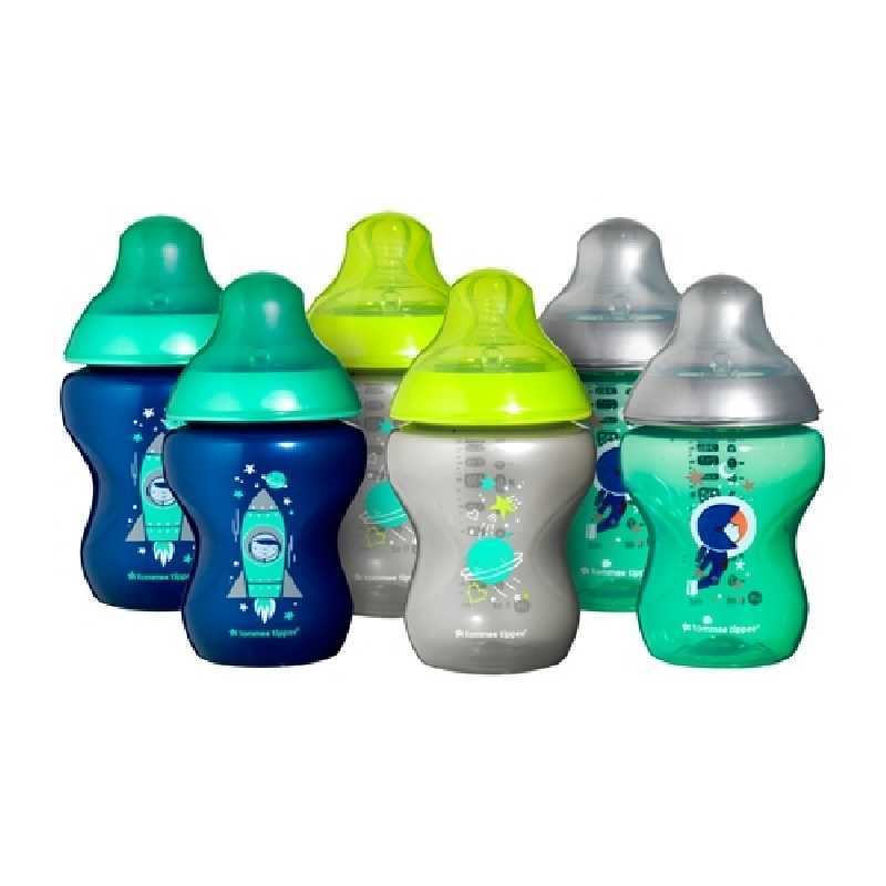 Lot de 6 biberons Bleus decorés 260ml Lot de 6 biberons Bleus decorés 260ml