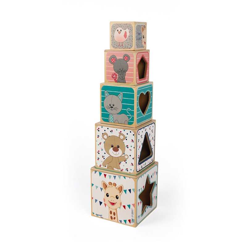 Janod Pyramide en Bois Avec 5 Cubes Sophie La Girafe