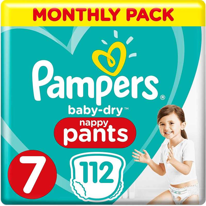 Pampers - Baby Dry Nappy Pants - Couches Taille 7 (17kg+) - Pack 1 mois (x112 culottes) Pampers - Baby Dry Nappy Pants - Couches Taille 7 (17kg+) - Pack 1 mois (x112 culottes)