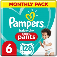 Pampers - Baby Dry Nappy Pants - Couches Taille 6 (15kg+) - Pack 1 mois (x128 culottes)
