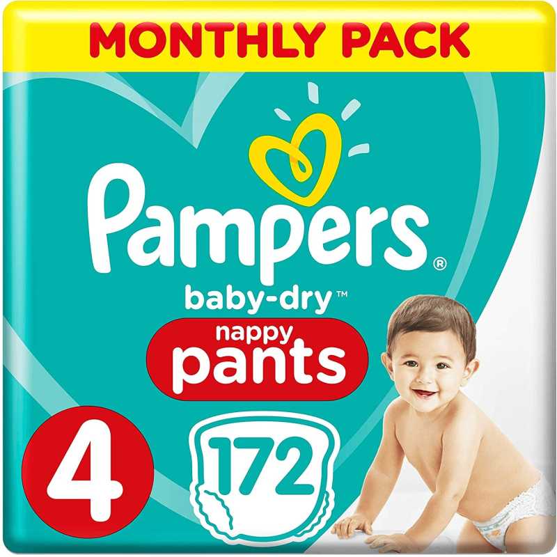 Pampers - Baby Dry Nappy Pants - Couches Taille 4 (9-15kg) - Pack 1 mois (x172 culottes)