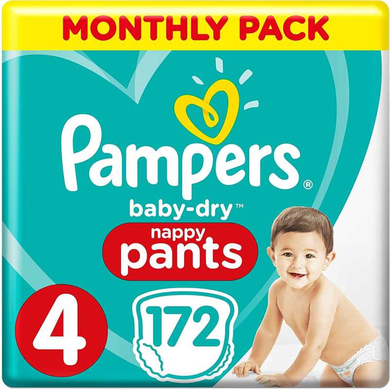 Pampers - Baby Dry Nappy Pants - Couches Taille 4 (9-15kg) - Pack 1 mois (x172 culottes) Pampers - Baby Dry Nappy Pants - Couches Taille 4 (9-15kg) - Pack 1 mois (x172 culottes)