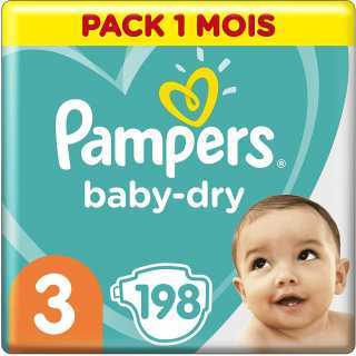 Pampers - Baby Dry Couches Taille 3 (6-10 kg) - Pack 1 mois (198 couches)