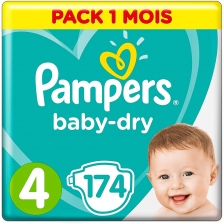 Pampers - Baby Dry Couches Taille 4 (9-14 kg) - Pack 1 mois (174 couches)