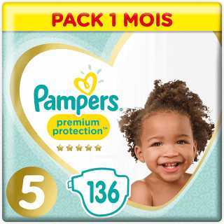 Pampers - Premium protection Couches Taille 5 (11-16 kg) - Pack 1 mois (x136 couches)