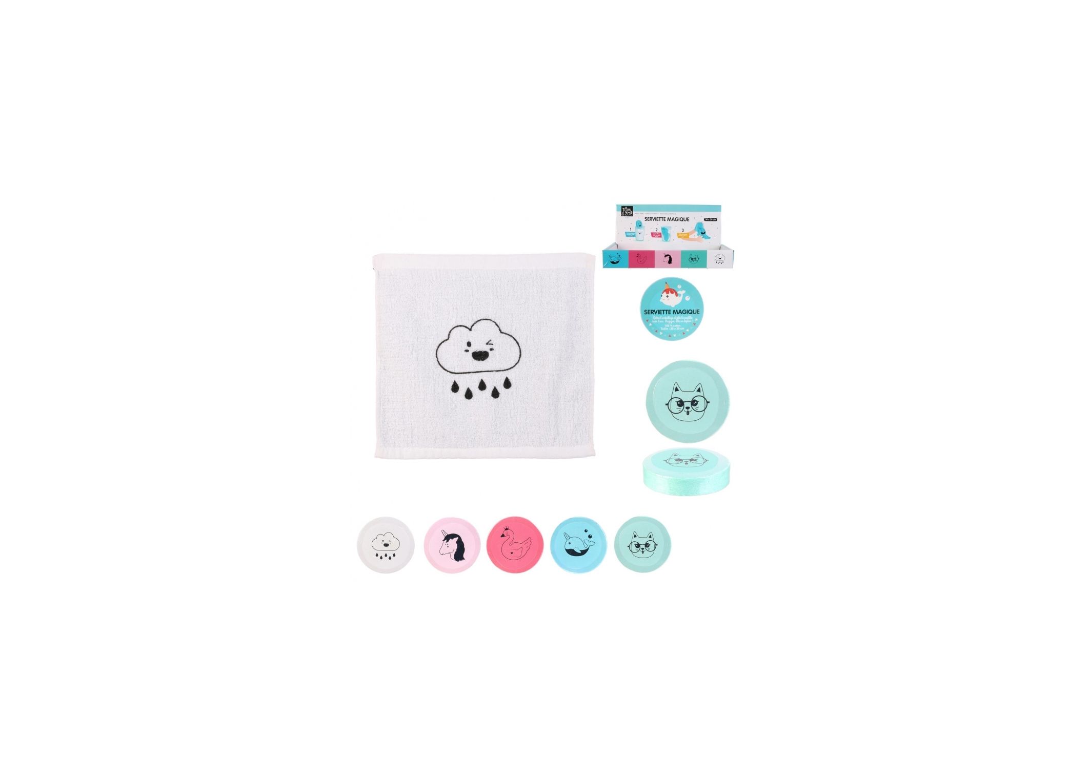 Pack de 24 Serviettes magiques 30x30cm assortis Tom et Zoe Pack de 24 Serviettes magiques 30x30cm assortis Tom et Zoe