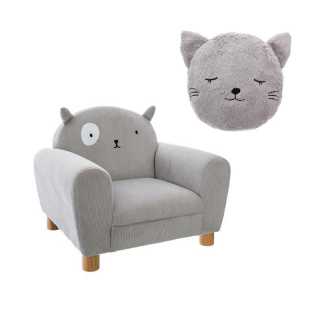 Pack : Fauteuil enfant chat gris avec Coussin rond chat - Atmosphera For Kids