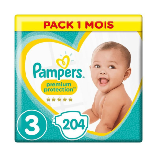 Pampers - New Baby Premium Protection - Couches Taille 3 (5-9 kg/Midi) - Pack Economique 1 Mois de Consommation (x204 couches)