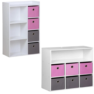 Meuble de Rangement Chambre Enfant Blanche avec 4 Paniers Rose et Gris