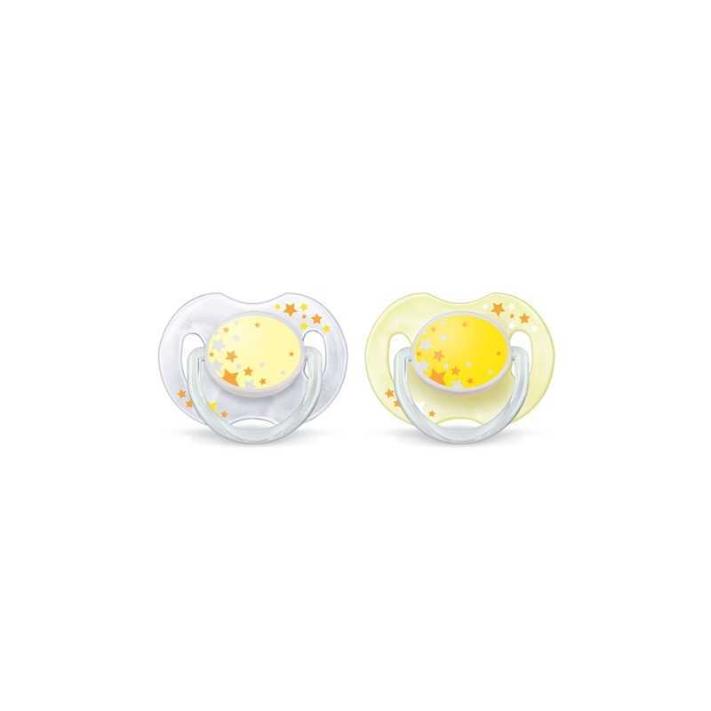 Philips Avent Lot de 2 sucettes nuit 0-6 mois - Jaune Philips Avent Lot de 2 sucettes nuit 0-6 mois - Jaune
