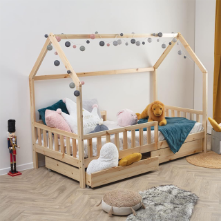 Lit cabane Bosco 90x190 avec 2 tiroirs Naturel - Atmosphera For Kids