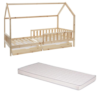 Ensemble Lit cabane avec 2 tiroirs 90x190 cm + Matelas enfant 90x190 cm - Laïba Kids