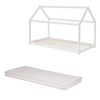 Ensemble Lit Cabane Blanc 90x190 cm + Matelas Enfant 90x190 cm - Laïba Kids