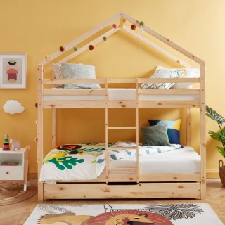 Lit cabane superposé avec tiroir Caravane des Rêves Naturel 90x190 - Laïba Kids