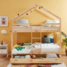 Lit cabane superposé avec tiroir Caravane des Rêves Naturel 90x190 - Laïba Kids