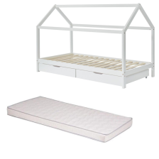 Ensemble Lit cabane tiroirs Blanc 90x190 + Matelas enfant 90x190 - Laïba Kids