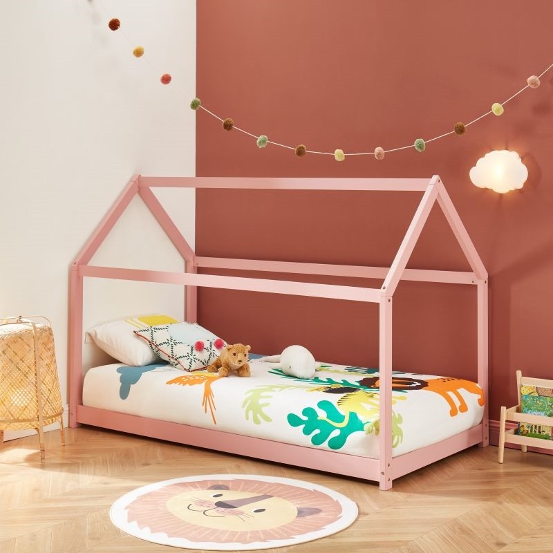 Ensemble Lit Cabane Rose 90x190 cm + Matelas Enfant 90x190 cm