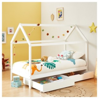 Ensemble Lit cabane tiroirs Blanc 90x190 + Matelas enfant 90x190 - Laïba Kids