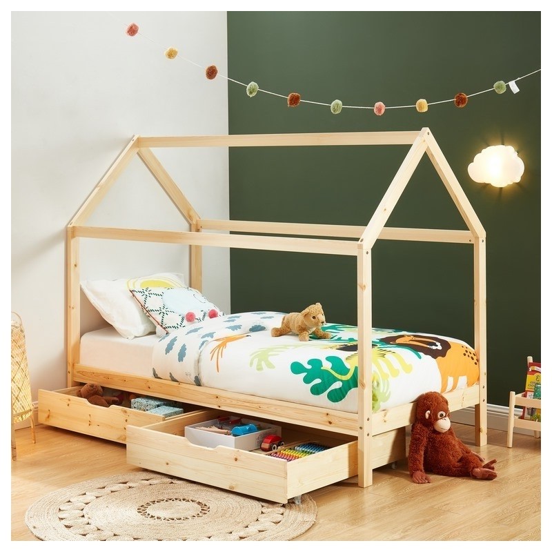 Ensemble Lit cabane tiroirs Beige 90x190 + Matelas enfant 90x190