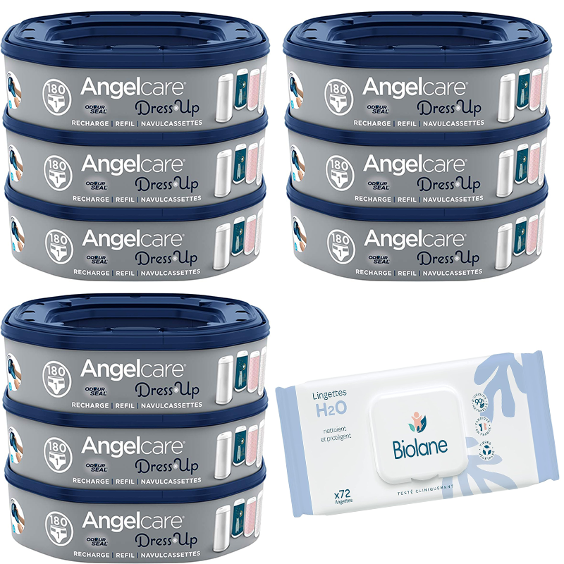 Lot de 9 recharges octogonales Angelcare + 72 lingettes Biolane