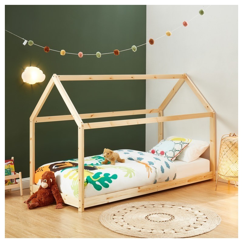 Lit-cabane d'enfant Montessori 70x140 cm avec linge de lit en beige