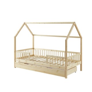 Lit cabane avec barrière et tiroir Aventure Beige 90x190 - Laïba Kids