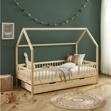 Lit cabane avec barrière et tiroir Aventure Beige 90x190 - Laïba Kids